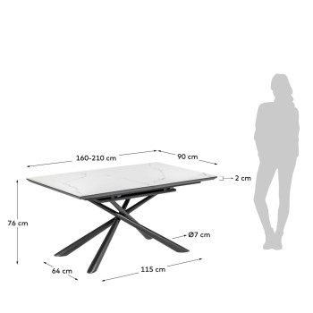 Theone Ausziehtisch aus weißem Porzellan mit Beinen aus schwarz lackiertem Stahl, 160 (210) x 90 cm