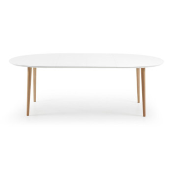 Oqui ausziehbarer ovaler Tisch, weiß lackierte MDF-Platte, Beine aus massivem Buchenholz, 140 (220) x 90 cm