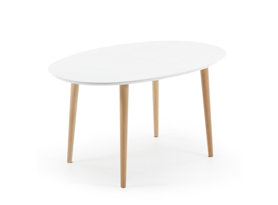 Oqui ausziehbarer ovaler Tisch, weiß lackierte MDF-Platte, Beine aus massivem Buchenholz, 140 (220) x 90 cm
