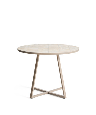 Runder Tisch Tella aus taubengrauem, verzinktem Stahl und beigefarbenen Fliesen, Ø 120 cm
