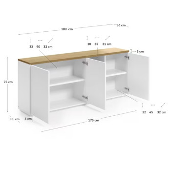 Abilen 3dveřová příborník, dubová dýha a bílý lak, 180 x 75 cm, FSC 100%