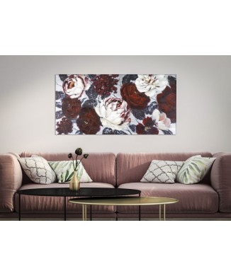 OBRAZ NA PLÁTNĚ BÍLÁ/ČERVENÝ KVĚT NA TMAVÉM POZADÍ