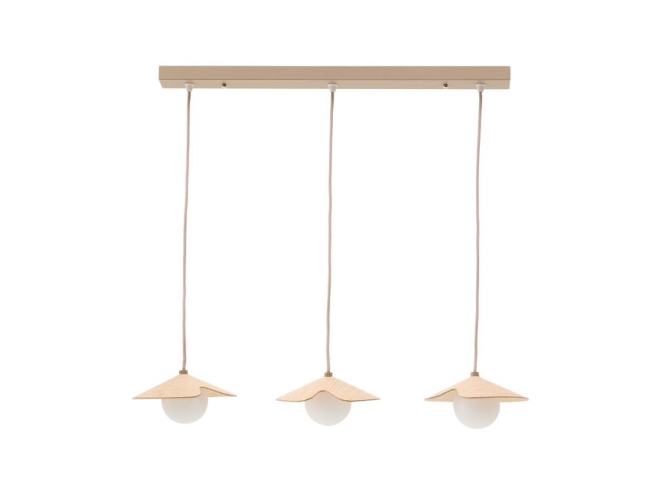 Stropní lampa Wilara z dubové dýhy se 3 bílými kouřovými skleněnými korálky