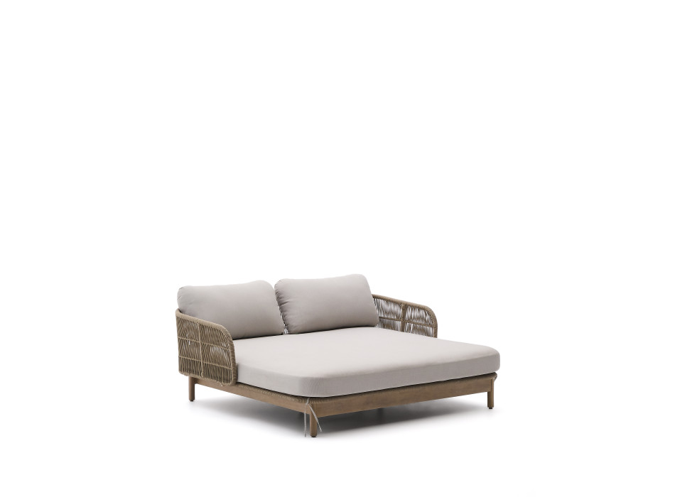 Manželská postel Catalina z béžového lana a 100% masivního akáciového dřeva FSC