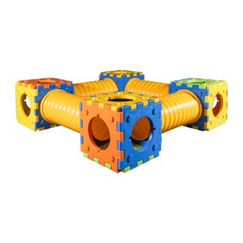 Modulární hra Quadrotto se 4 kostkami a 4 tunely.