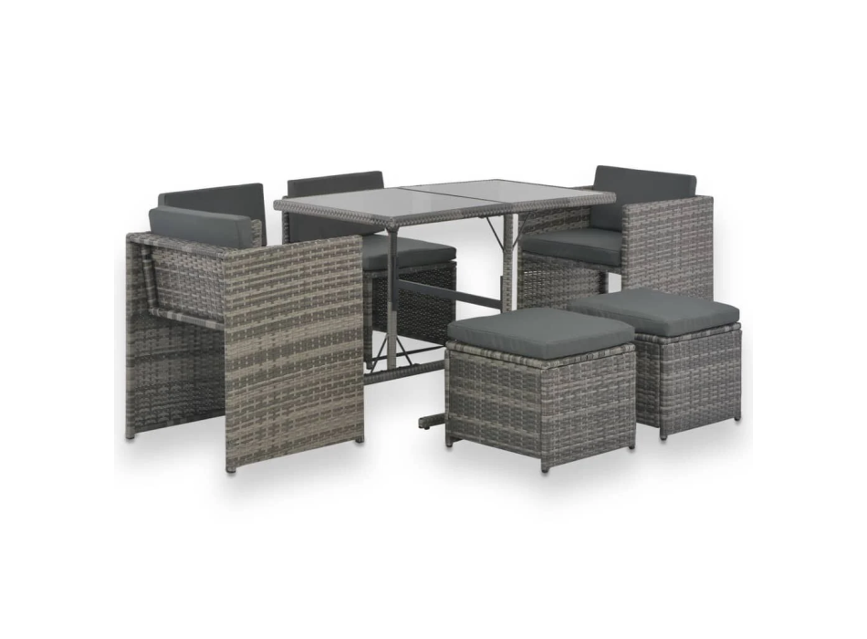 7dílná venkovní jídelní sada s polštáři v šedém polyratanu