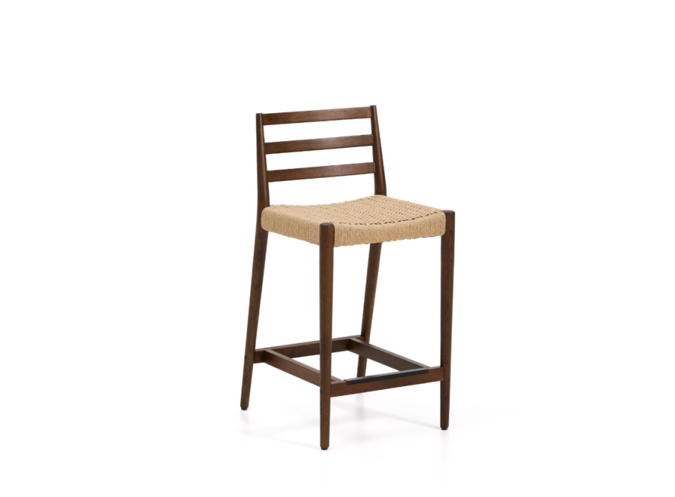 Taburetka Analy s opěradlem z masivního dubu s ořechovou povrchovou úpravou a lanovým sedákem, 65 cm, FSC 100%