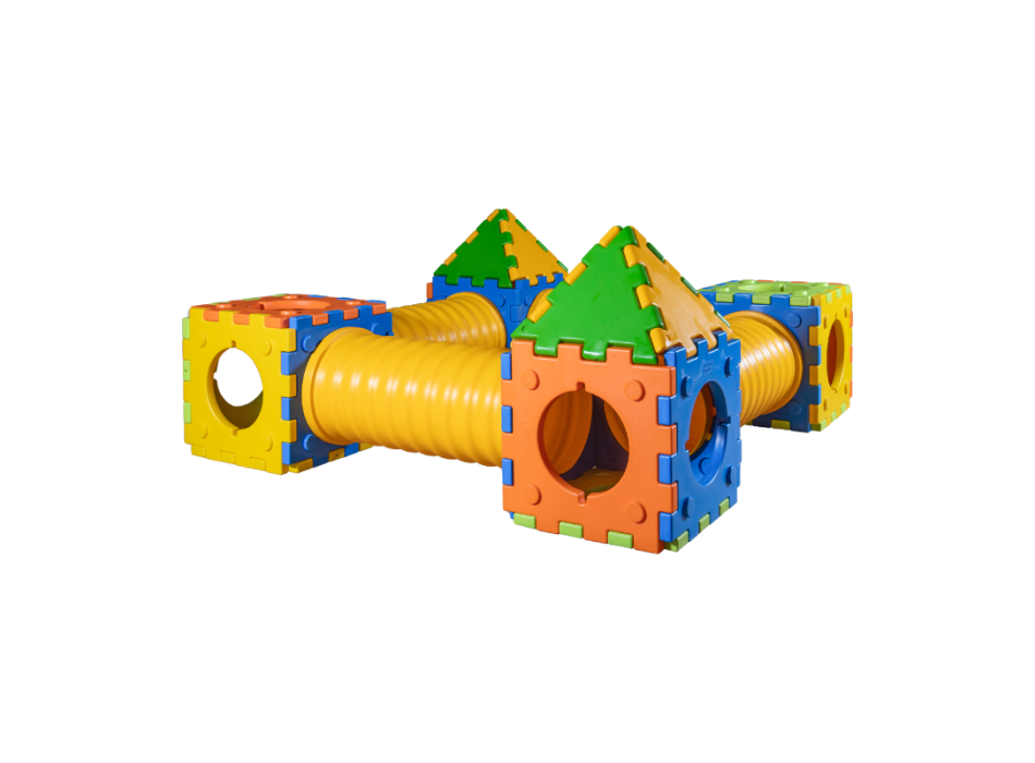 Castello B gioco modulare componibile con 2 casette, 2 cubotti e 4 tunnel