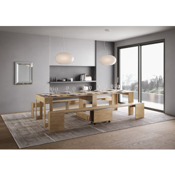 Consolle Evolve con Panca inferiore e superiore - Consolle allungabile 90x42/302 cm Evolve bianco frassino allunghe interne con panca inferiore e superiore