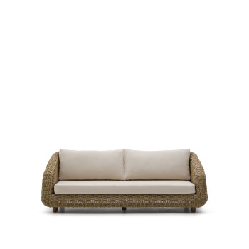 Divano Meria a 3 posti in rattan sintetico e gambe in legno massiccio di acacia 100% FSC 208 cm