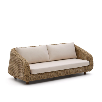 Divano Meria a 3 posti in rattan sintetico e gambe in legno massiccio di acacia 100% FSC 208 cm