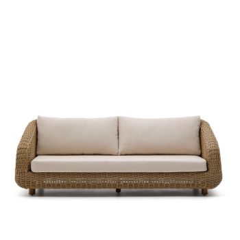 Divano Meria a 3 posti in rattan sintetico e gambe in legno massiccio di acacia 100% FSC 208 cm