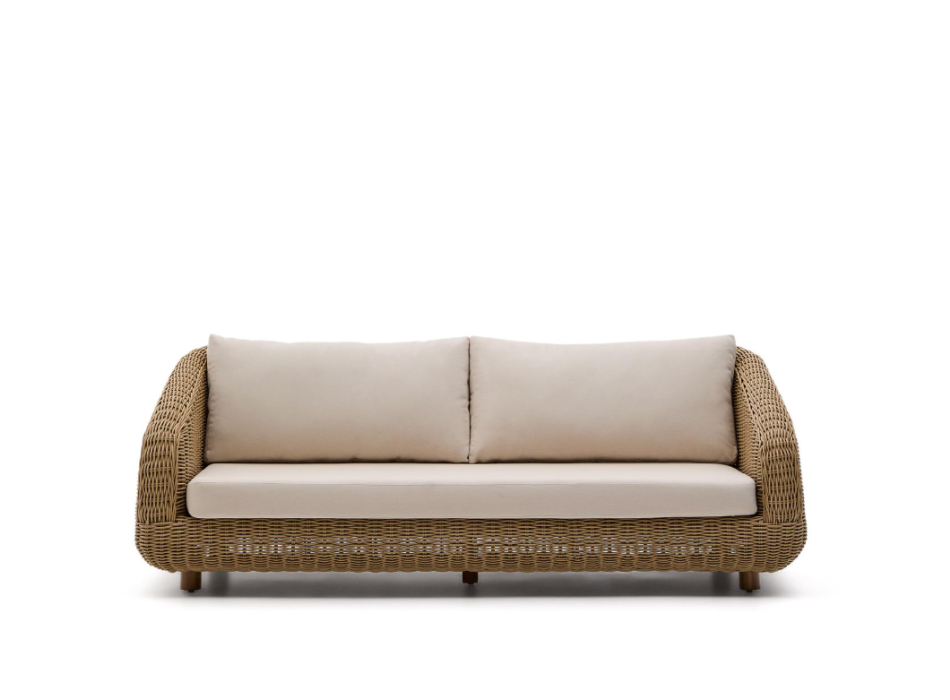 Divano Meria a 3 posti in rattan sintetico e gambe in legno massiccio di acacia 100% FSC 208 cm