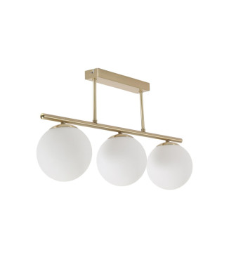 Lampada da soffitto Mahala dettagli in acciaio finitura ottone 3 sfere in vetro satinato