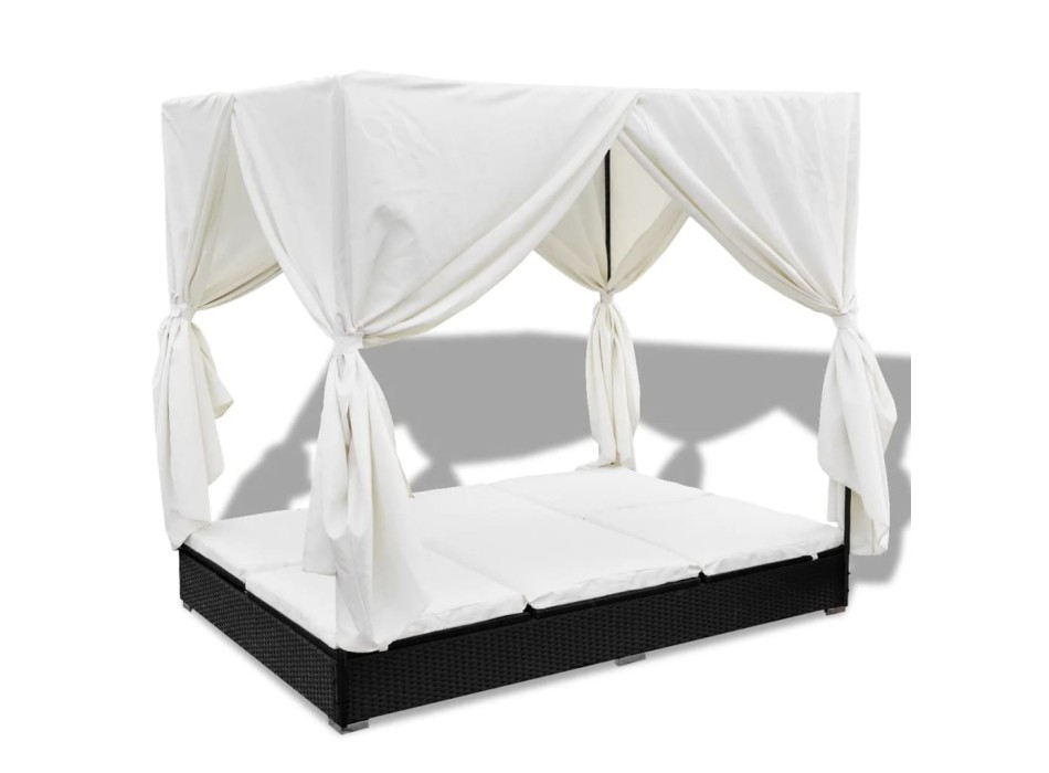 Lettino Prendisole con Tende in Polyrattan Marrone