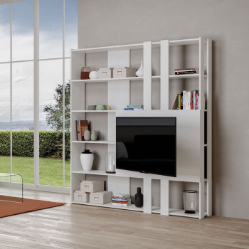 Libreria Kato Porta TV - Composizione M Kato 6R 2 fianchi 2 fasce lunghe 2 fasce corte 2 fasce medie pannello TV Bianco Frassino