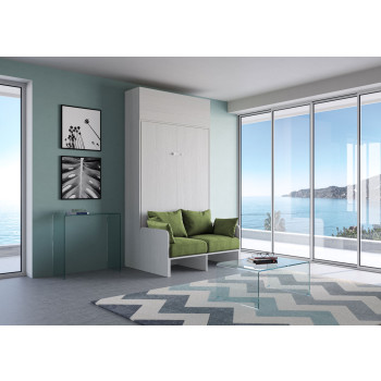 Mod.Kentaro 1 piazza e mezza con divano 120 - Letto una piazza e mezzo a scomparsa 120 Kentaro con divano e pensile  bianco frassino, verde