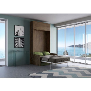 Mod.Kentaro 1 piazza e mezza con divano 120 - Letto una piazza e mezzo a scomparsa 120 Kentaro con divano e pensile  bianco frassino, verde