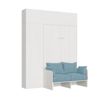 Mod.Kentaro Francese 140 con divano - Letto matrimoniale francese a scomparsa 140 Kentaro con divano e mobili bianco frassino, azzurro
