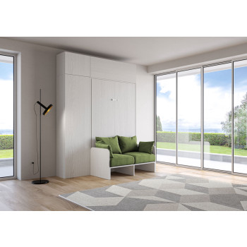 Mod.Kentaro Francese 140 con divano - Letto matrimoniale francese a scomparsa 140 Kentaro con divano e mobili bianco frassino, verde