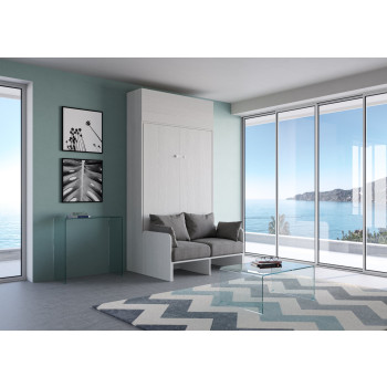 Mod.Kentaro Francese 140 con divano - Letto matrimoniale francese a scomparsa 140 Kentaro con divano e pensile  bianco frassino, grigio