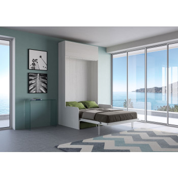 Mod.Kentaro Francese 140 con divano - Letto matrimoniale francese a scomparsa 140 Kentaro con divano e pensile  bianco frassino, verde