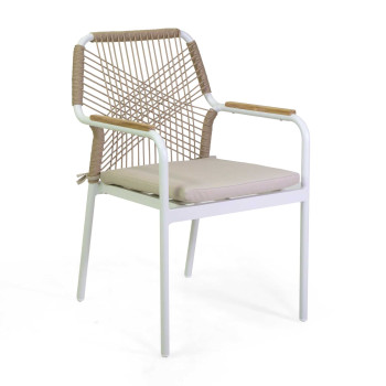 Poltrona alluminio Dean bianco con corda e cuscino beige cm56x62h85 Vacchetti