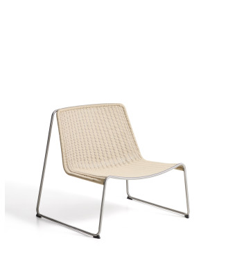 Poltrona impilabile Tavari in corda sintetica beige e acciaio inox AISI 304 effetto spazzolato