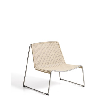 Poltrona impilabile Tavari in corda sintetica beige e acciaio inox AISI 304 effetto spazzolato
