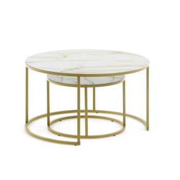 Set Leonor di 2 tavolini in vetro bianco e acciaioco e acciaio finitura oro Ø 80 / Ø 50 cm