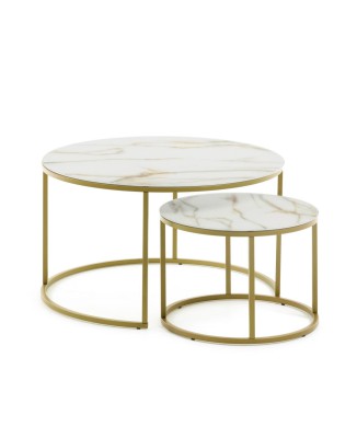 Set Leonor di 2 tavolini in vetro bianco e acciaioco e acciaio finitura oro Ø 80 / Ø 50 cm