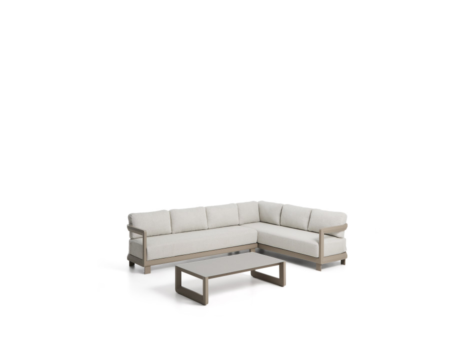 Set Nerano con divano angolare 5 posti e tavolino in vetro temperato e alluminio taupe