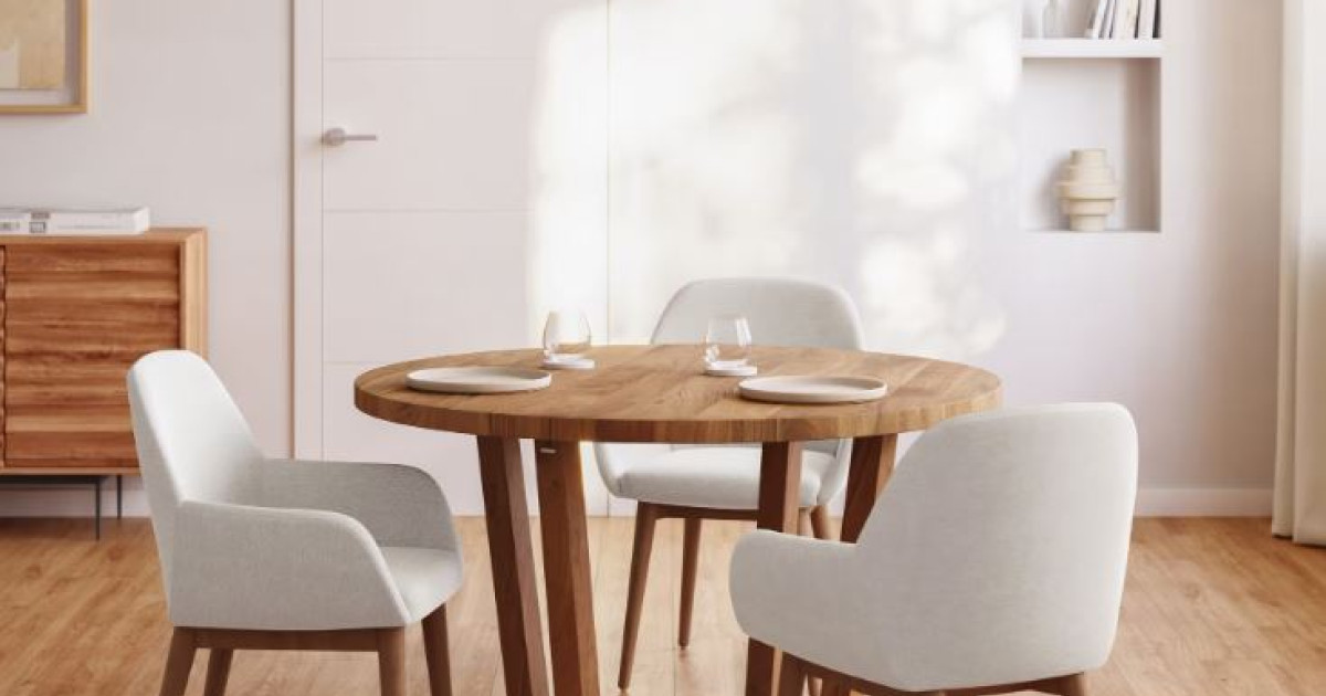 East West Furniture Set Da Pranzo 3 Pezzi Mid-Century: Tavolo Rotondo E 2 Sedie - Finitura Bianco Lino - Legno Asiatico - 2
