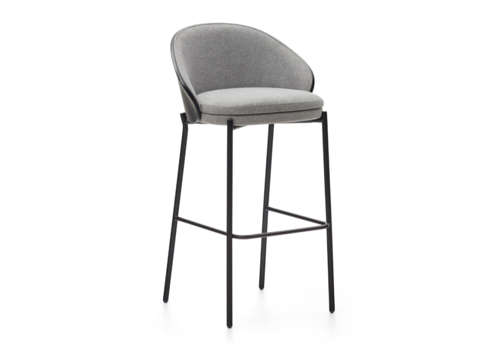 Sgabello Eamy in ciniglia grigio chiaro impiallacciato frassino finitura nera, metallo nero, 75 cm