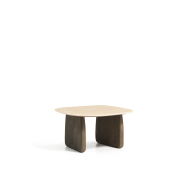 Tavolino da appoggio Pirita in travertino beige e gambe in rovere massiccio con finitura