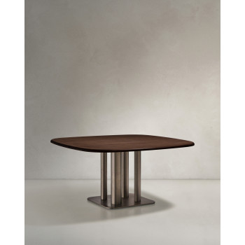 Tavolo Melvar in impiallacciato di noce e gambe con base in acciaio inox spazzolato 121 x 121 cm