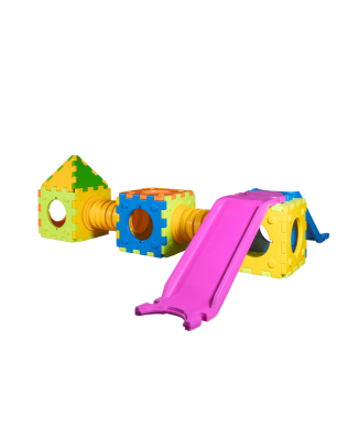 Kubisk legetøjs e-model modulært spil med 1 lille rutsjebanestige, 2 terninger og 1 hus.