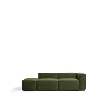 Blok 3-personers sofa med venstre armlæn og gavlpuf i tyk grøn corduroy, 270 cm FSC Mix Credit