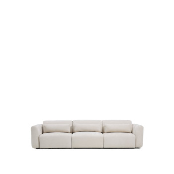Lares 5-personers sofa med motoriserede skydesæder og nakkestøtte med justerbar ryglæn i beige chenille, 335 cm