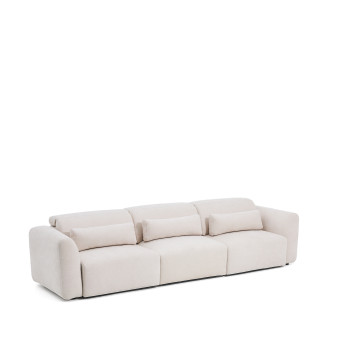 Lares 5-personers sofa med motoriserede skydesæder og nakkestøtte med justerbar ryglæn i beige chenille, 335 cm