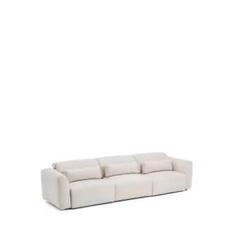 Lares 5-personers sofa med motoriserede skydesæder og nakkestøtte med justerbar ryglæn i beige chenille, 335 cm