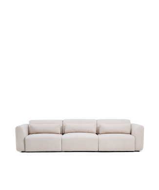 Lares 5-personers sofa med motoriserede skydesæder og nakkestøtte med justerbar ryglæn i beige chenille, 335 cm