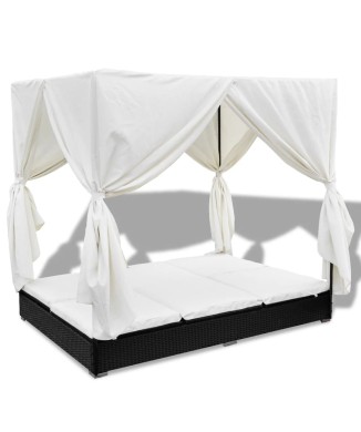 Brun polyrattan liggestol med gardiner