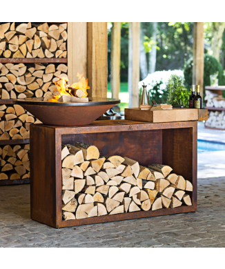 OFYR ISLAND - GRILLFYR MED BRÆNDEHOLDER OG BÆRKPLADE I TEAKTRÆ