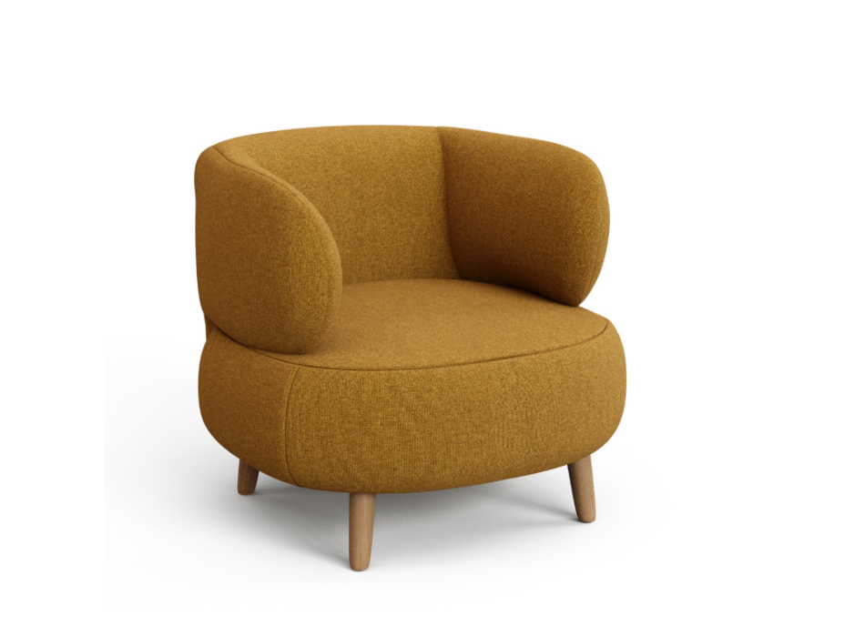 Luisa brandsikker lænestol i sennepsgul fåreskindslook med 90 cm ben i massivt bøgetræ