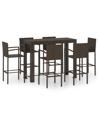  7-delt havebarsæt med brune polyrattan armlæn