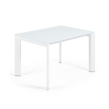 Axis udtræksbord i hvidt glas og hvide stålben 120 (180) cm