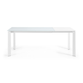 Axis udtræksbord i hvidt glas og hvide stålben 140 (200) cm