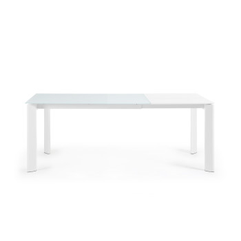 Axis udtræksbord i hvidt glas og hvide stålben 140 (200) cm