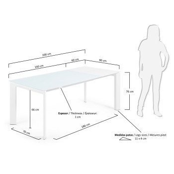 Axis udtræksbord i hvidt glas og hvide glasben 200 cm